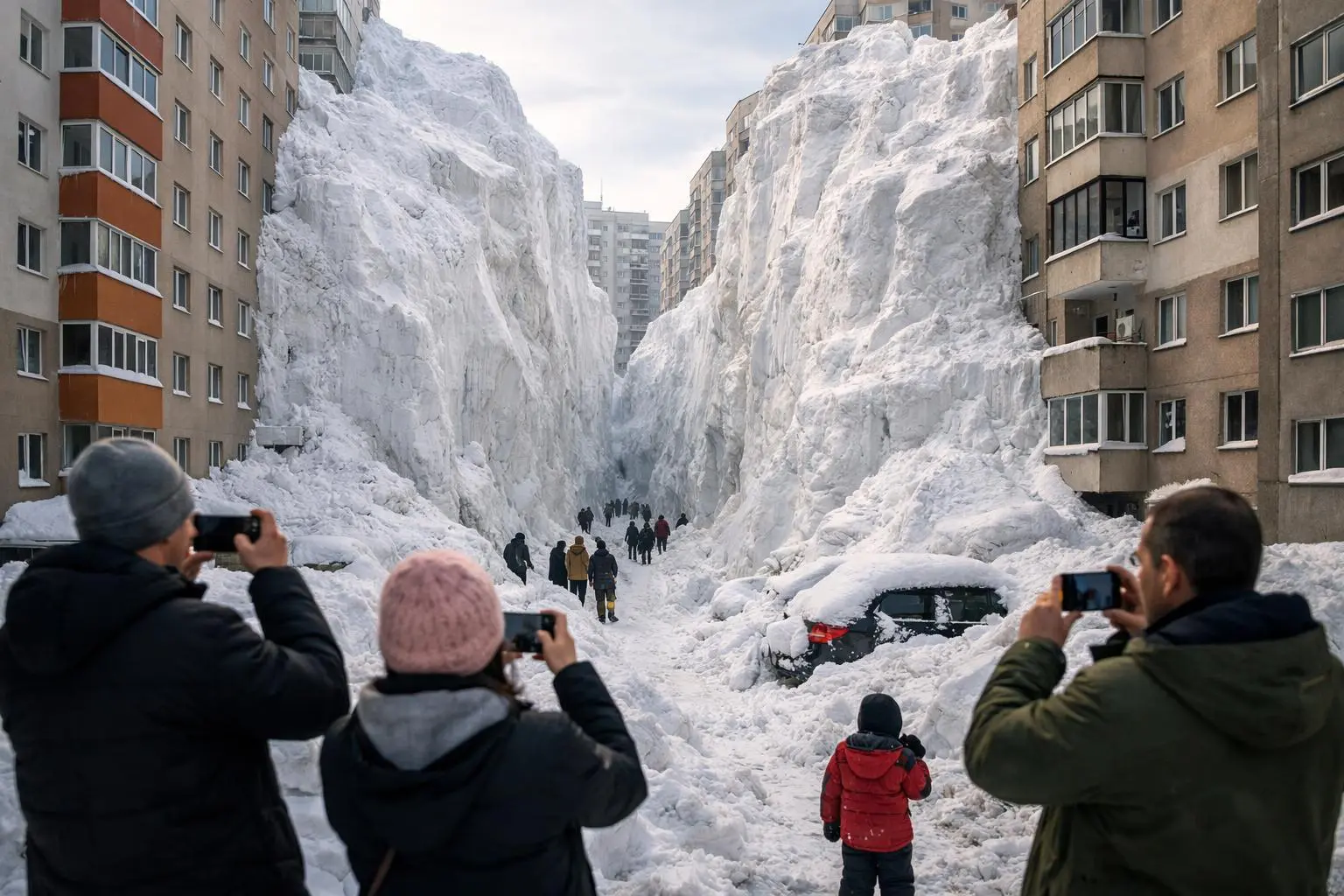 Video viral cu zapada uriasa intre blocuri generat de AI